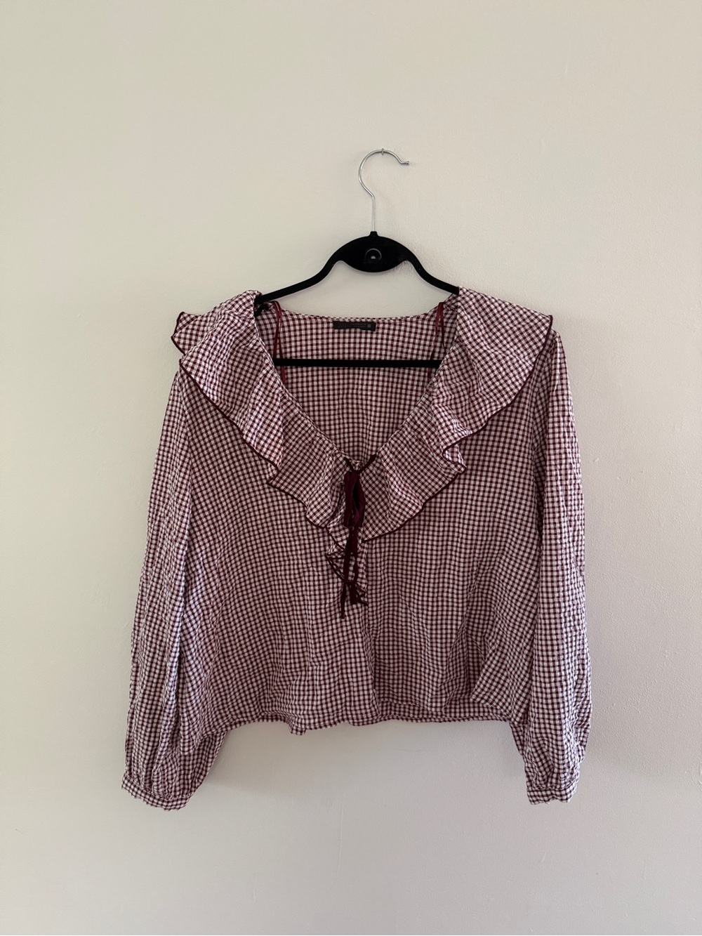 Zara Burgundy and White Gingham Ruffle Tie-Neck Blouse